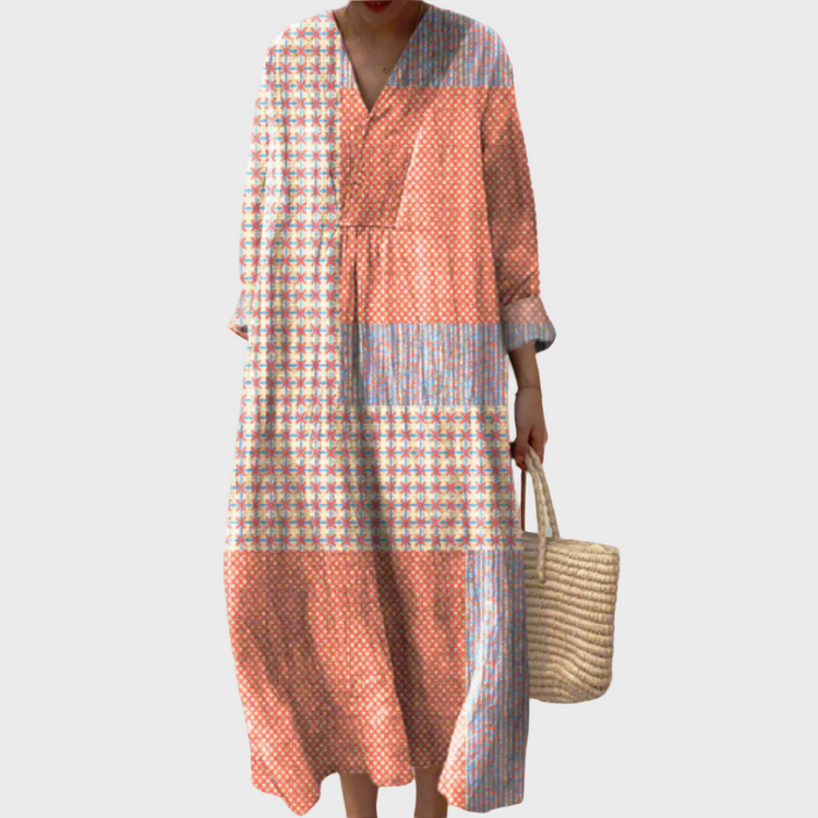 Nora™ | Robe midi patchwork corail & étoiles