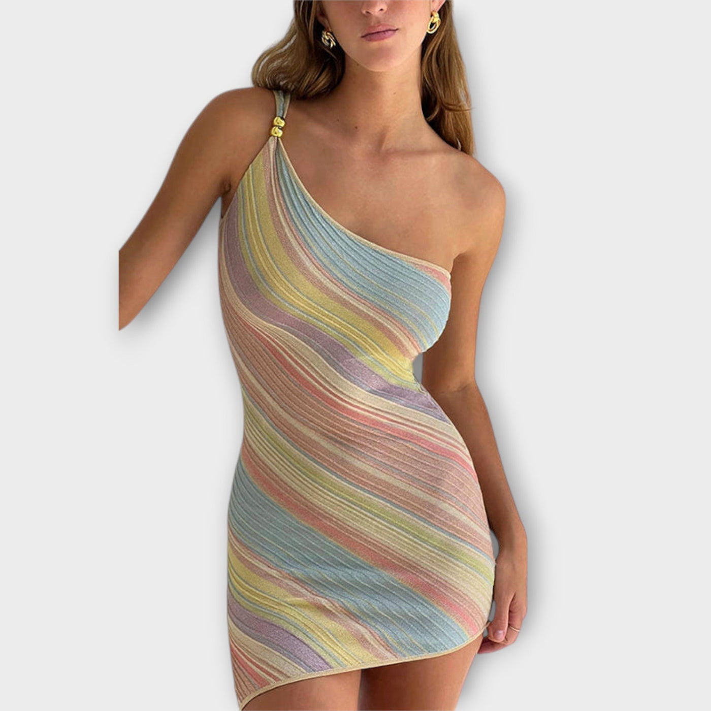 Kira - Robe Mini Tricot à Épaule Unique Tendance